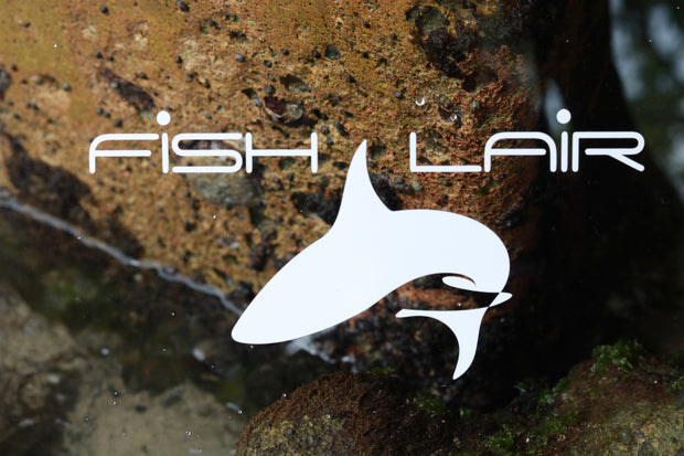 FISH LAIR  White Vinyl Decal Sticker -  (7"W x 3.5"H)